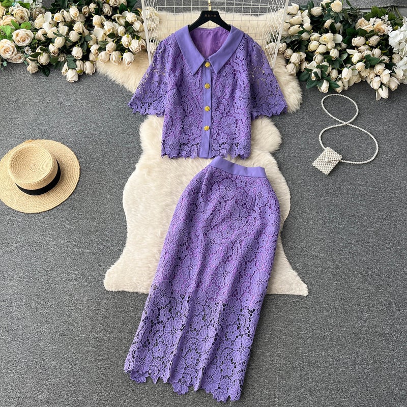 Light luxury retro French style suit womens lapel single-breasted short-sleeved top + sheath high waist skirt two-piece suit fashion Yellow - Image 3