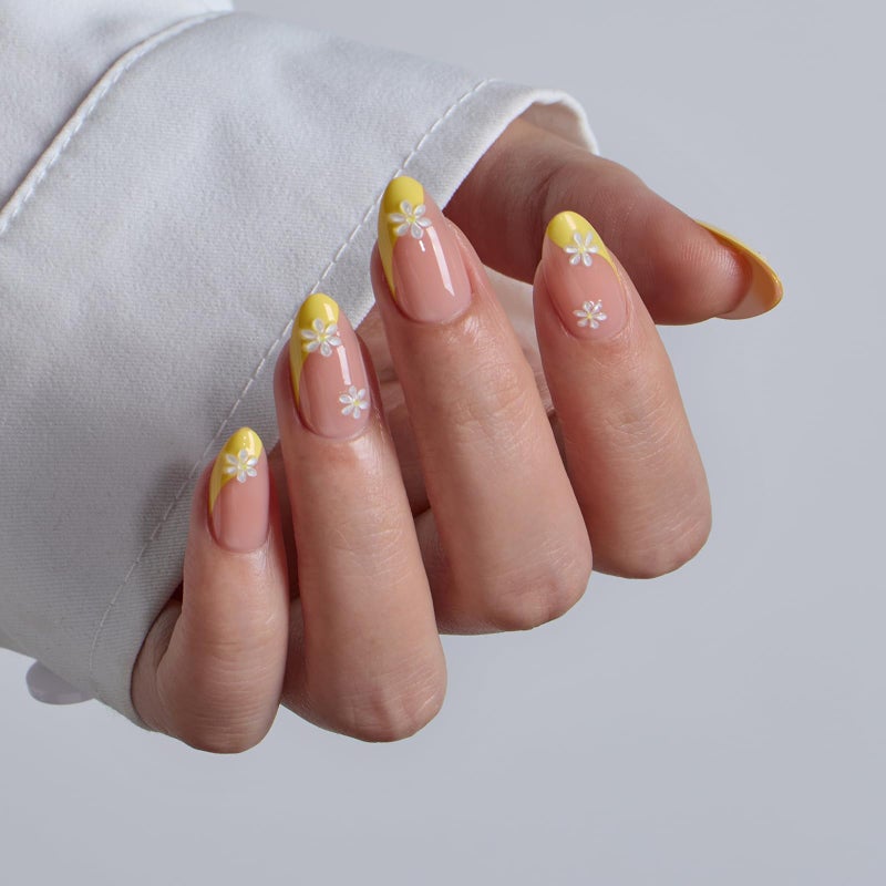 BTArtbox French Tip Press On Nails - Lamp-Curable Short Almond Press On Nails with Glue for Women, Semi-Transparent Soft Gel Glue On Nails in 16 Sizes - 32 Stick On Nails Kit, Daisy - Image 3