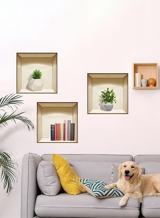 3 قطعة 3D مطبوعة ملصق الجدار,الزهور القابلة للإزالة ورف الكتب ملصق الجدار,الإبداعية النباتية الجدار الفن ديكور الجدار - Image 4