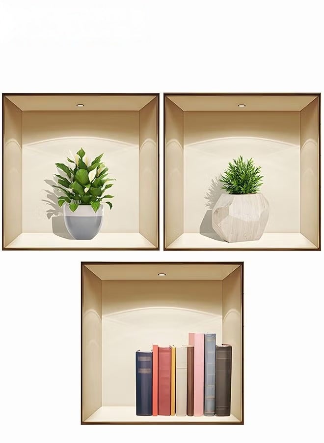 3 قطعة 3D مطبوعة ملصق الجدار,الزهور القابلة للإزالة ورف الكتب ملصق الجدار,الإبداعية النباتية الجدار الفن ديكور الجدار - Image 3