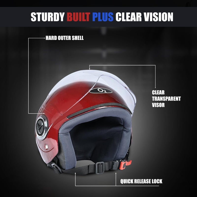 O2+ O2 Open Face / Half face Helmet Unisex for Bike Women Men ISI Certified with Clear Visor Smooth Finish Lightweight & Compact (W. Red, 580mm Medium) - Image 5
