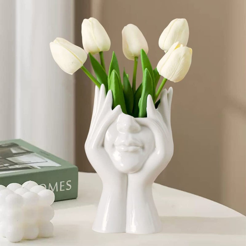 White Ceramic Face Vase Female Form Head Half Body Bust Vases Boho Feminist Minimalism Decorative Modern Nordic Style Flower Vase for Home Living Room Office Book Shelf Decor Medium