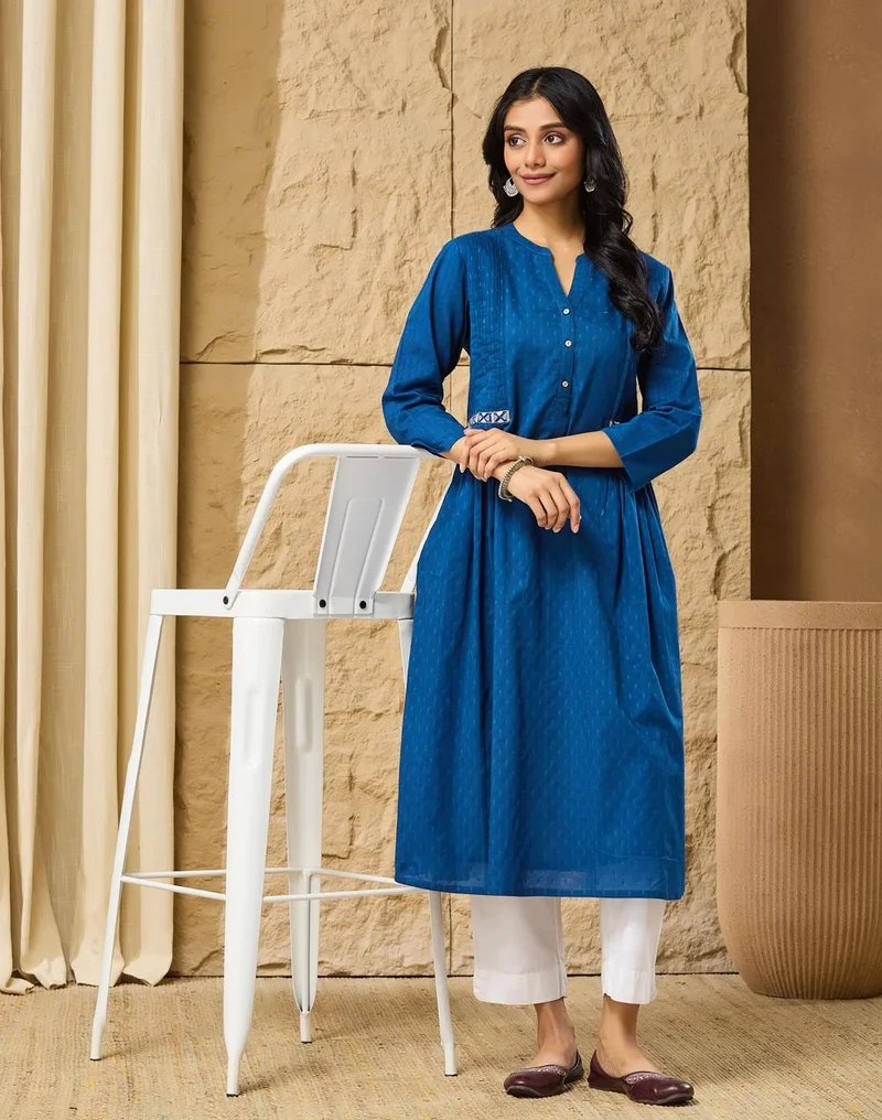 Fabindia ndigo Cotton Pintuck Slim Fit Long Kurta