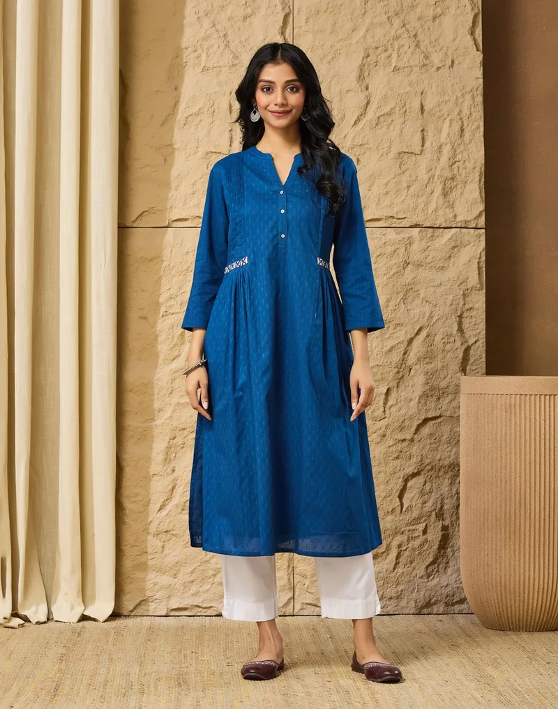 Fabindia ndigo Cotton Pintuck Slim Fit Long Kurta