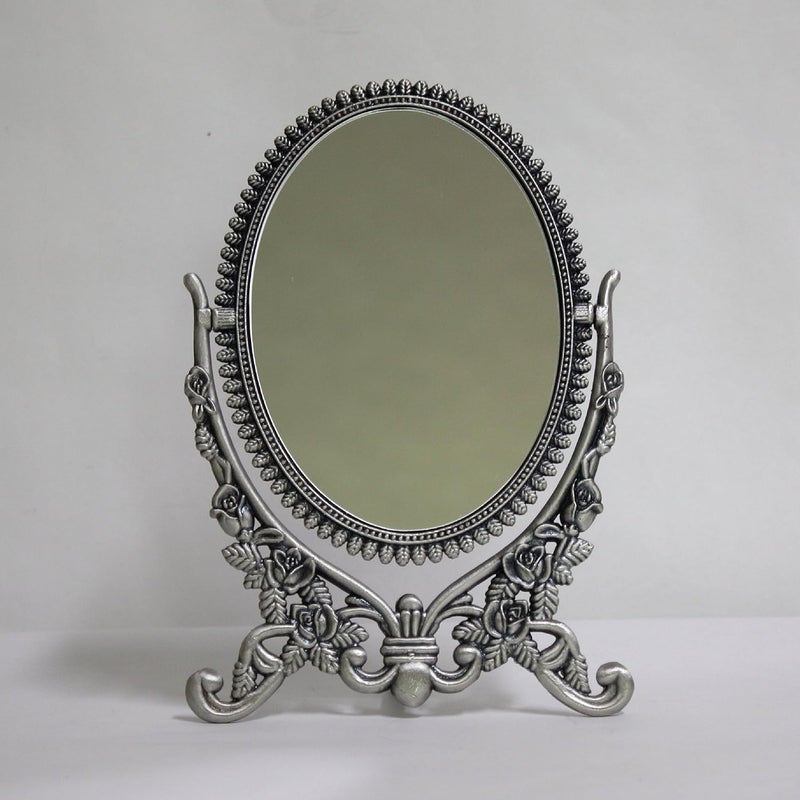 SEHAMANO Vintage Antique Embossed Roses Pattern Makeup Table Mirror, Decorative Oval Shaped Stand Mirror, Vanity Cosmetic Double Sided Rotatable Ellipse Metal Frame Mirror (Tin (Matt Grey), Medium)