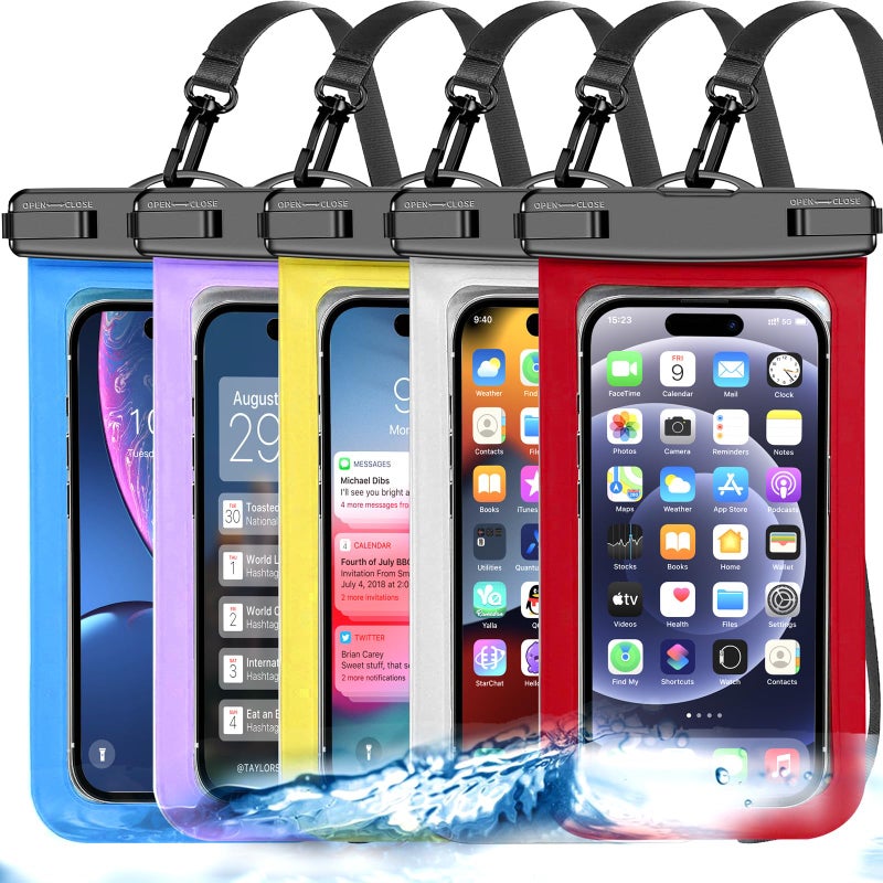 Famoby Up to 8.3" 5 Pack Multicolor Universal Waterproof Phone Pouch, Phone Waterproof Case Dry Bag,Protection Level: IP68,Outdoor Sports for Apple iPhone,Samsung,and More,White,Blue,Red,Purple,Yellow - Image 1