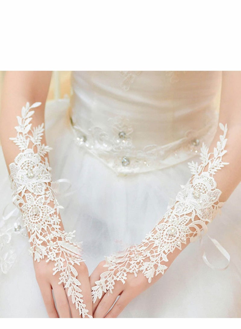 NIBEMINENT Wedding Flower Lace Gloves, White Floral Crystal Gloves Bridal Long Finger Prom Dinner Opera Party Tea Parties for Women and Girls - Image 1