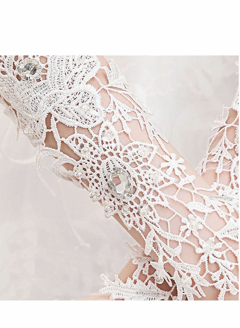 NIBEMINENT Wedding Flower Lace Gloves, White Floral Crystal Gloves Bridal Long Finger Prom Dinner Opera Party Tea Parties for Women and Girls - Image 4