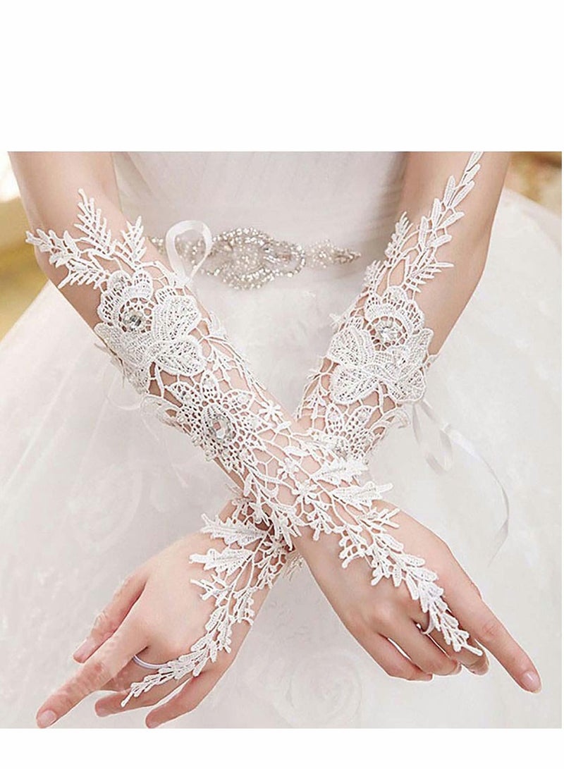 NIBEMINENT Wedding Flower Lace Gloves, White Floral Crystal Gloves Bridal Long Finger Prom Dinner Opera Party Tea Parties for Women and Girls - Image 2