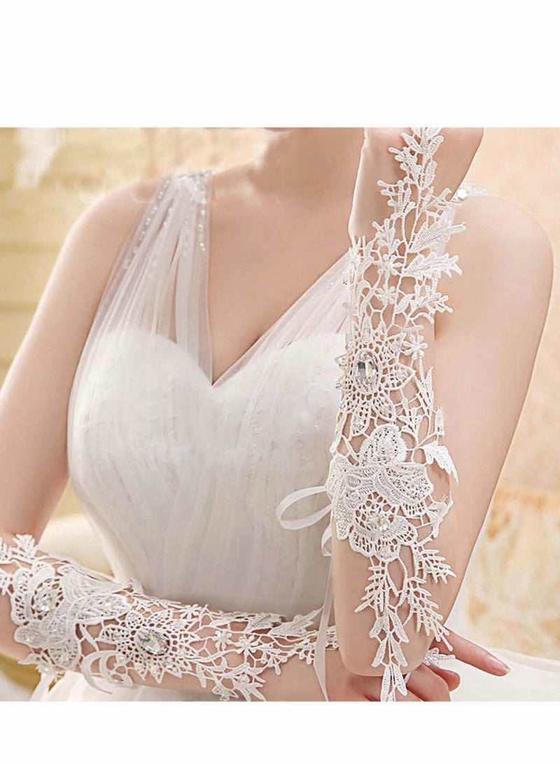NIBEMINENT Wedding Flower Lace Gloves, White Floral Crystal Gloves Bridal Long Finger Prom Dinner Opera Party Tea Parties for Women and Girls - Image 3