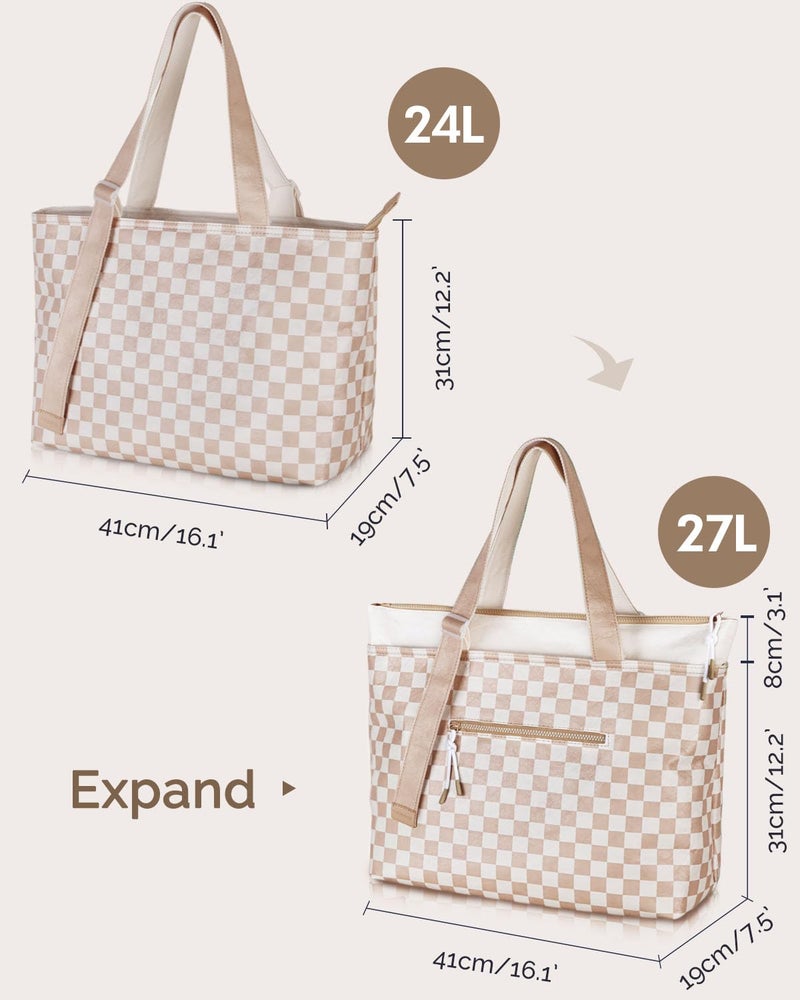 HOMESPON Large Waterproof Beach Bag for Women Pool Bags with Wet Compartment Lightweight Tote for Work Travel Weekends(Brown Checkerboard) - Image 4