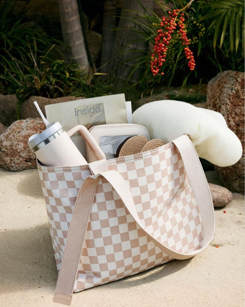HOMESPON Large Waterproof Beach Bag for Women Pool Bags with Wet Compartment Lightweight Tote for Work Travel Weekends(Brown Checkerboard) - Image 2
