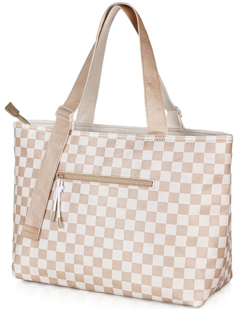 HOMESPON Large Waterproof Beach Bag for Women Pool Bags with Wet Compartment Lightweight Tote for Work Travel Weekends(Brown Checkerboard) - Image 1