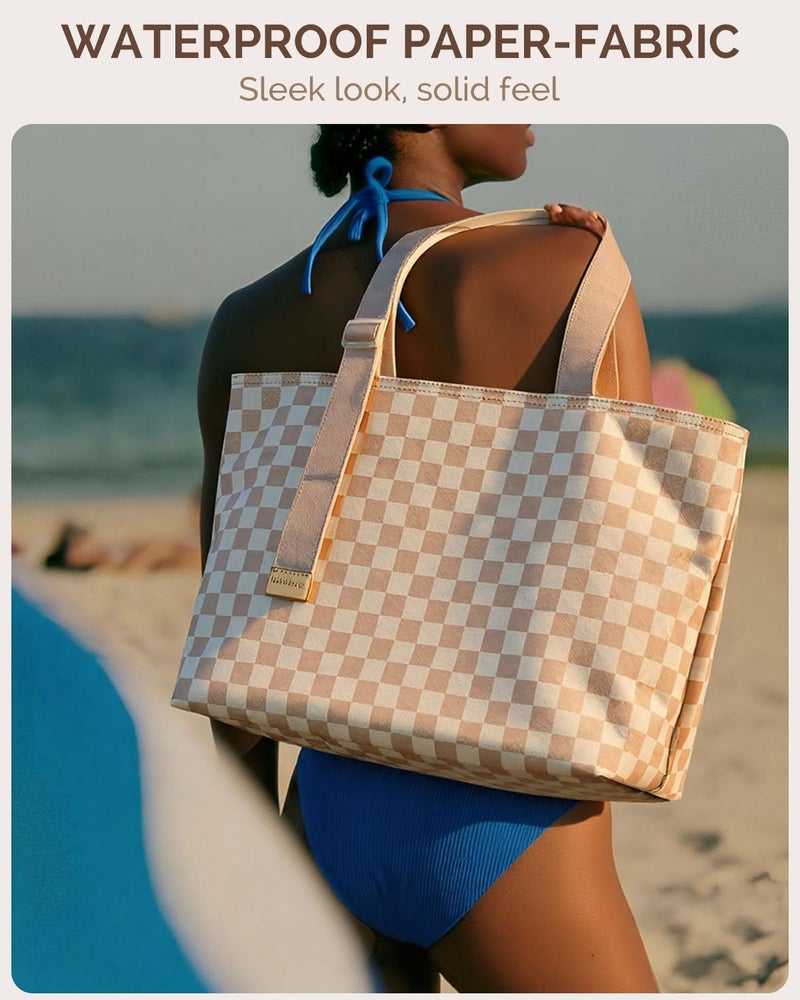 HOMESPON Large Waterproof Beach Bag for Women Pool Bags with Wet Compartment Lightweight Tote for Work Travel Weekends(Brown Checkerboard) - Image 3