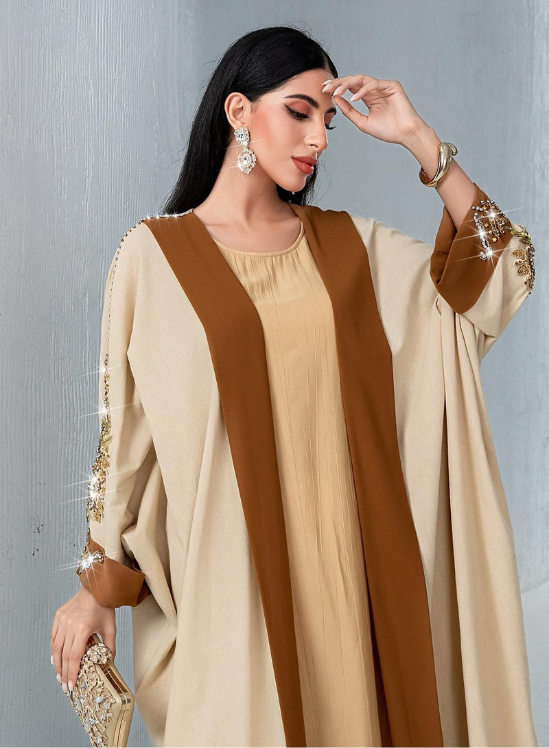 Saraia عباءة مزينة أنيقة باللون البيج والبني - Image 1