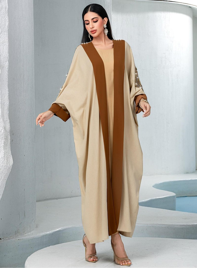Saraia عباءة مزينة أنيقة باللون البيج والبني - Image 3