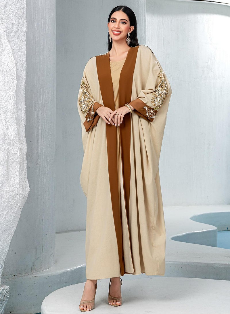 Saraia عباءة مزينة أنيقة باللون البيج والبني - Image 4