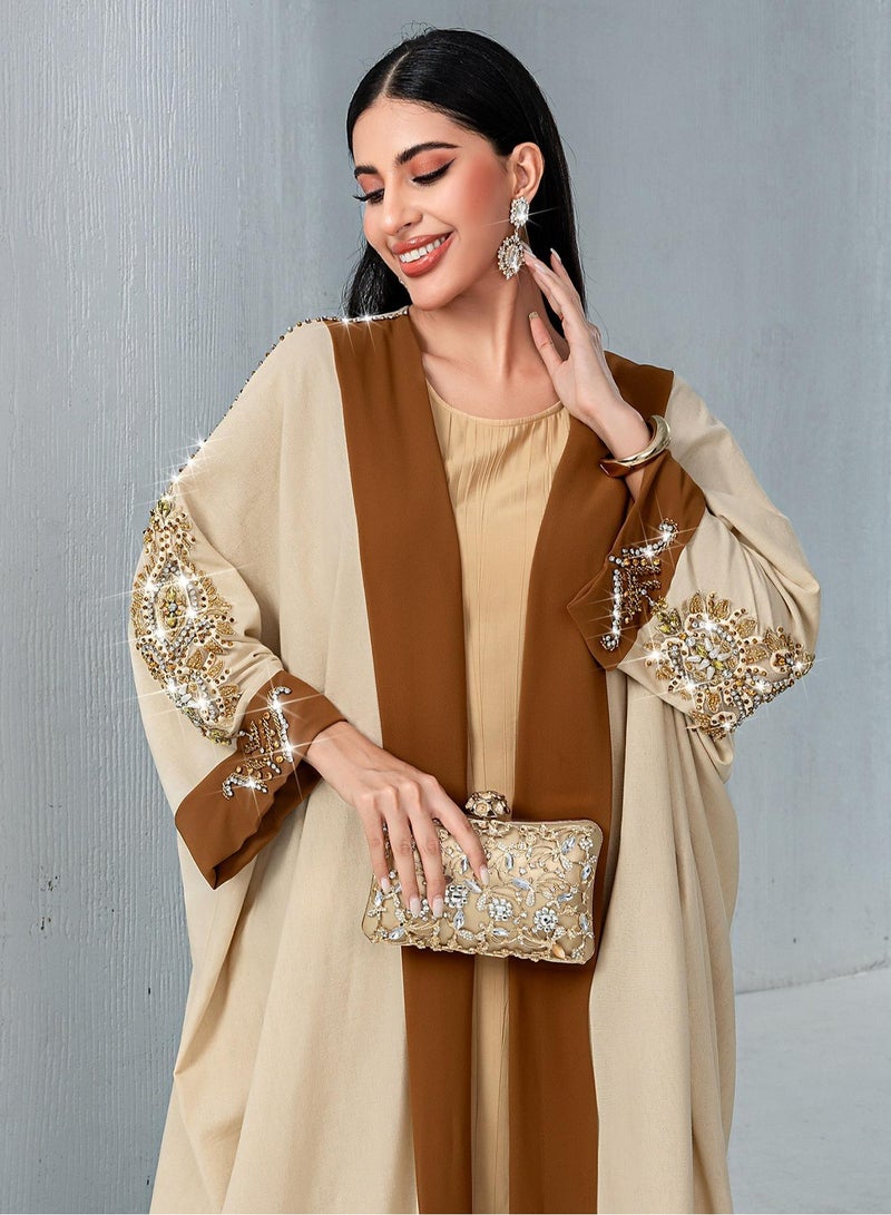 Saraia عباءة مزينة أنيقة باللون البيج والبني - Image 2