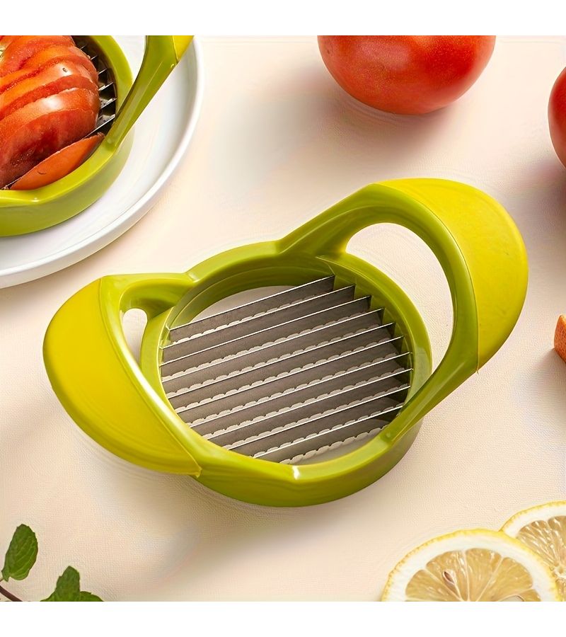 Stainless Steel Tomato Slicer Handheld Manual Even Cutting Tool 1pc Green Handle - Image 2