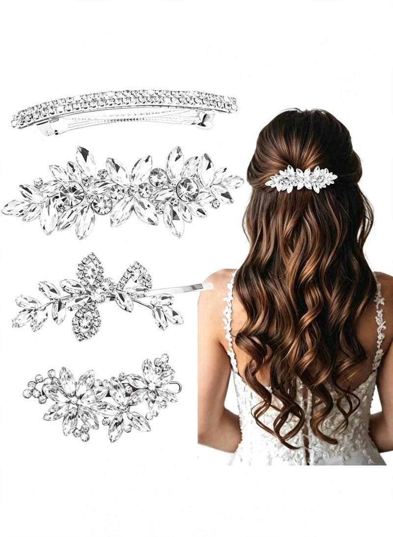 4 Pcs Rhinestone Hair Clips for Women Hair Barrettes Silver Bridal hair accessories for Wedding Party Everyday - Image 1