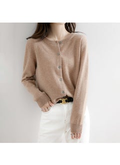 Spring Autumn Winter Knitted Cardigan Womens Round Neck Wool-Like Sweater Versatile Solid Color Cropped Loose-Fit Pullover Golden Camel