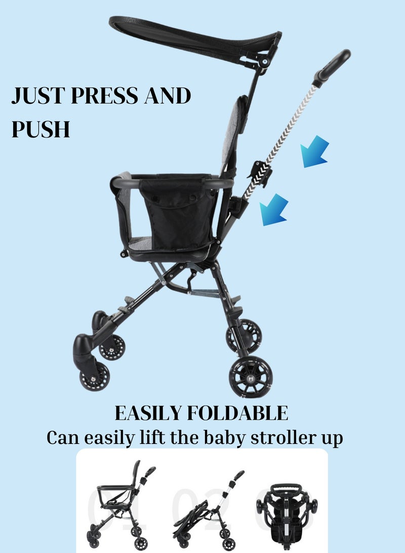 عربة أطفال، عربة سفر خفيفة الوزن وصغيرة الحجم للأطفال الصغار، عربة متعددة الاستخدامات يمكن طيها بيد واحدة، مزودة بمقبض قابل للتعديل ومظلة شمسية، مناسبة للحمل على متن الطائرات (أسود) - Image 4