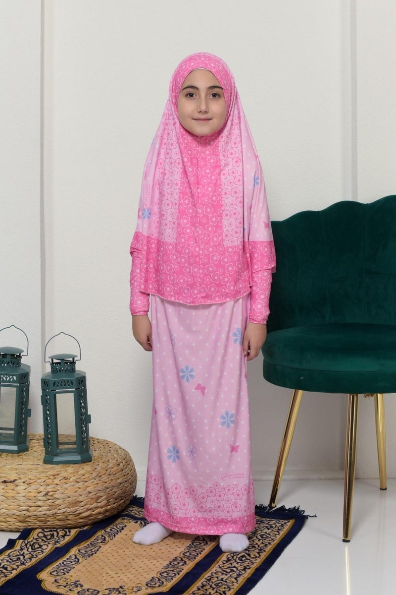 Altobeh Children's Prayer Set Practical Two-Piece Patterned Sleeves Removable Headscarved Lycra Hijab Dress (6-12 Years) 901-0102 - Image 1