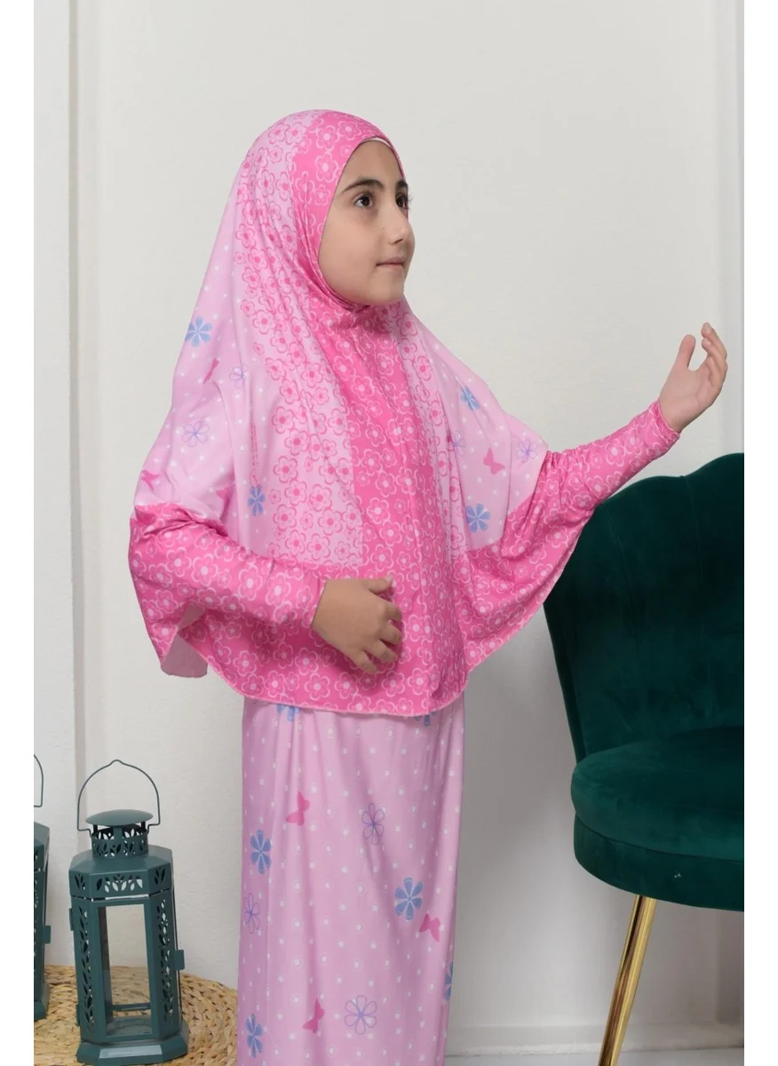 Altobeh Children's Prayer Set Practical Two-Piece Patterned Sleeves Removable Headscarved Lycra Hijab Dress (6-12 Years) 901-0102