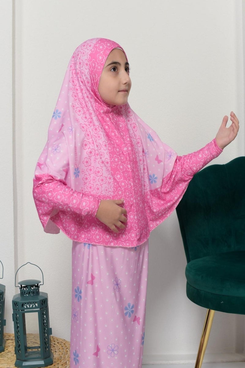 Altobeh Children's Prayer Set Practical Two-Piece Patterned Sleeves Removable Headscarved Lycra Hijab Dress (6-12 Years) 901-0102 - Image 3