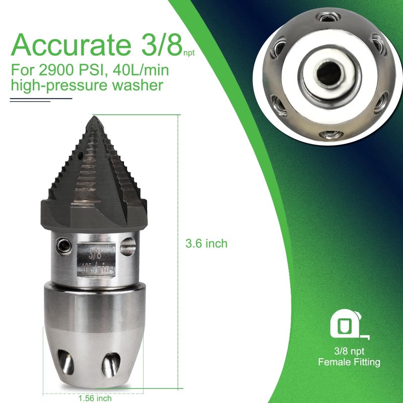 ZZHANFF 3/8 npt Sewer Jetter Nozzle for 2900 PSI, 40 L/min Pressure Washer - Stainless Steel, Quickly Rotating for Municipal Drain Pipe Cleaning (Black Head, Quenched) - Image 4