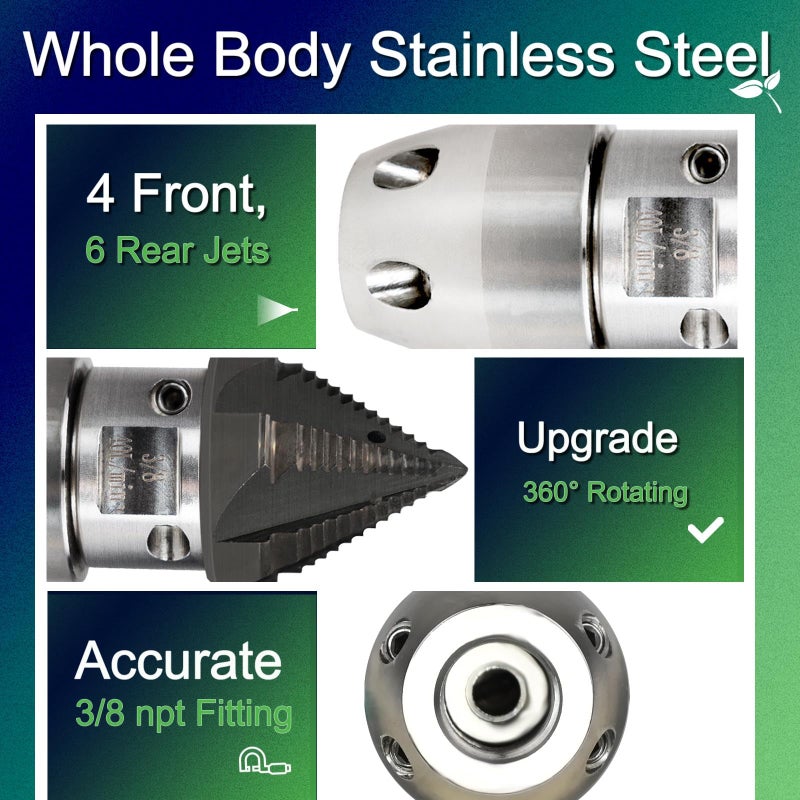 ZZHANFF 3/8 npt Sewer Jetter Nozzle for 2900 PSI, 40 L/min Pressure Washer - Stainless Steel, Quickly Rotating for Municipal Drain Pipe Cleaning (Black Head, Quenched) - Image 5