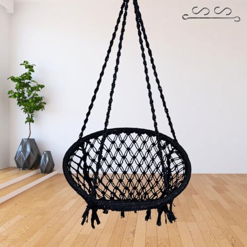 Patiofy Swing For Adults/Jhula For Adults/Wooden Swing For Living Room/Swing For Balcony/Swing For Adults For Home/Jhoola/Cotton Round Hammock Hanging Swing Chair With Hanging Kit (Black) - Image 1