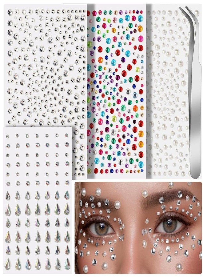 DAZZLIQ 4 Sheets Face Gems & Pearl Stickers Kit Self Adhesive Rhinestone Jewels with Tweezer Glitter Festival Makeup Sticker for FaceDecor, Hair, Nail Art, Crafts & DIY | Rhinestone Sticker for Faces, Eye, Makeup, Body - Image 1