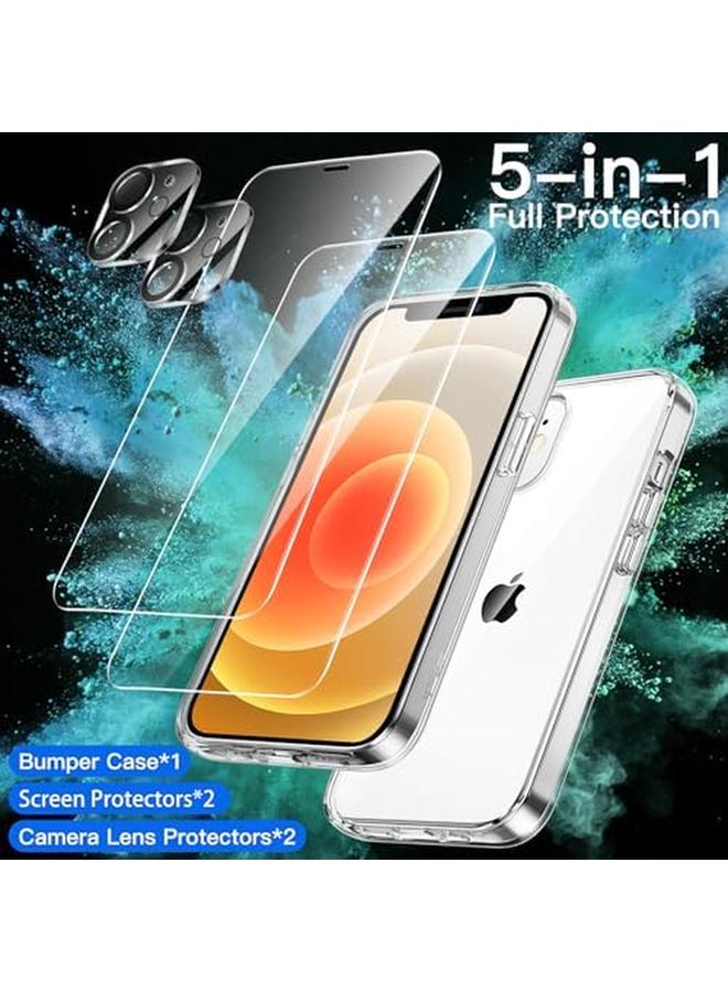 جي تيك جراب 5 في 1 لهاتف Iphone 12 مقاس 6.1 بوصة مع قطعتين من واقي الشاشة وقطعتين من واقي عدسة الكاميرا غير قابل للاصفرار وغطاء كامل من الزجاج المقوى المقاوم للصدمات وغطاء هاتف شفاف - Image 2