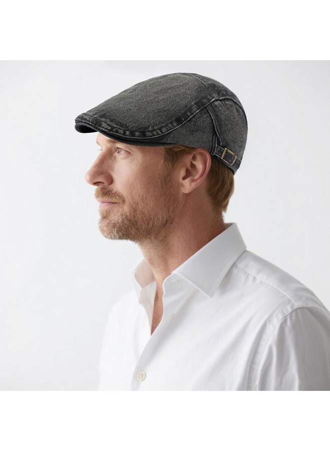 PTDTSHOU Newsboy Cap for Men Adjustable Flat Ivy Gatsby Cabbie Driving Hat Breathable Denim Cotton Golf Cap, Black, One size - Image 2