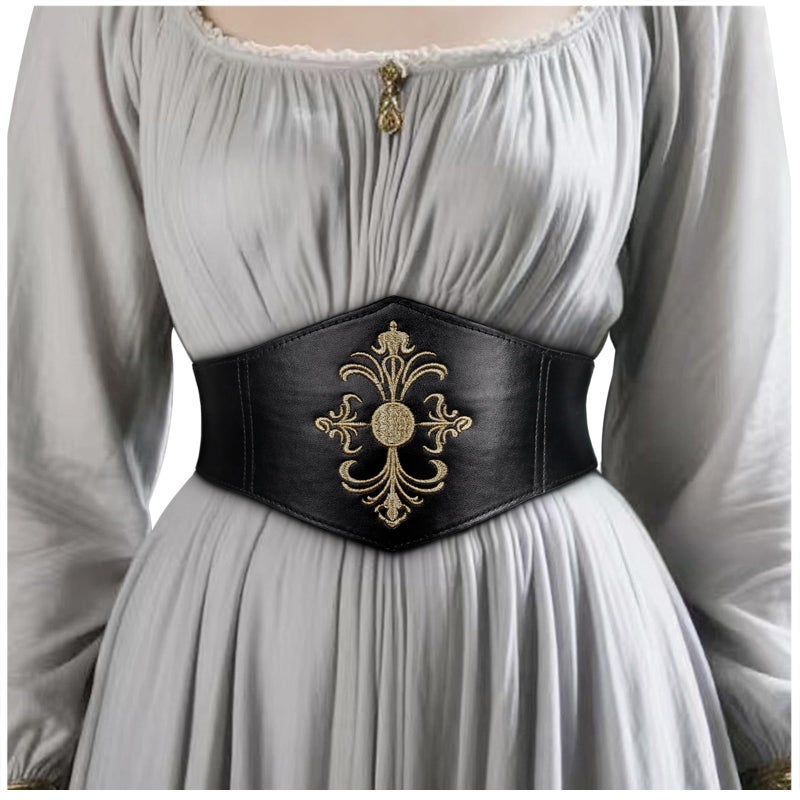 L'VOW Women's Viking Corset Belt - Medieval Renaissance Cinch Belt with Floral Embroidery for Halloween LARP Cosplay(Black,M) - Image 1