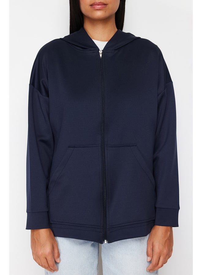 trendyol Navy Blue Hooded Zippered Pocket Diver/Scuba Knitted Tunic Cardigan TCTSS24TW00002 - Image 5