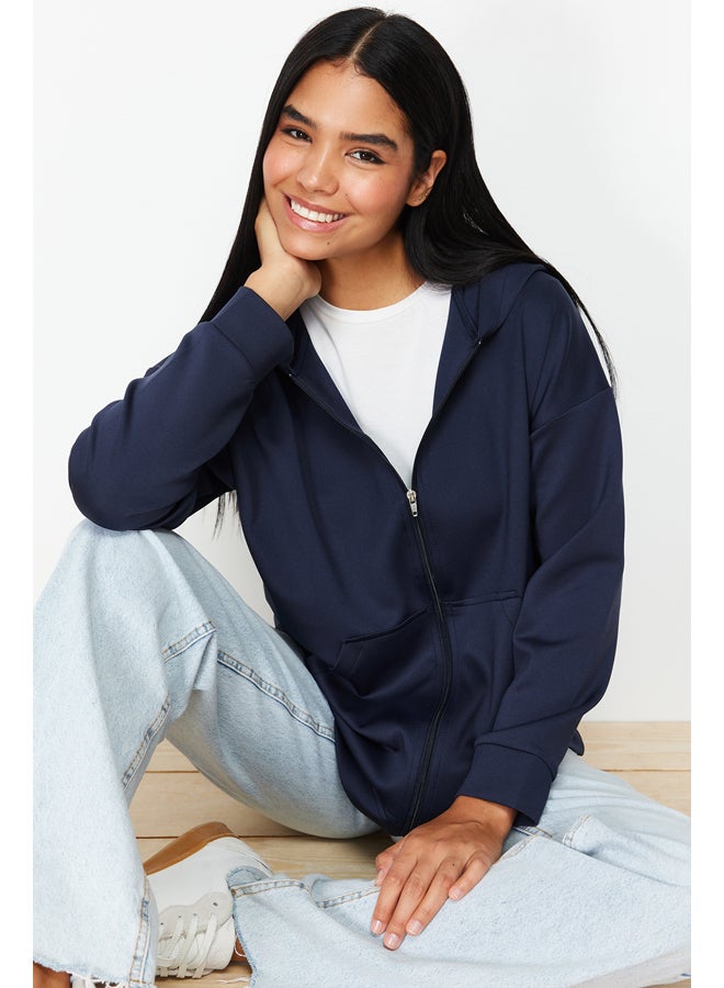 trendyol Navy Blue Hooded Zippered Pocket Diver/Scuba Knitted Tunic Cardigan TCTSS24TW00002 - Image 3