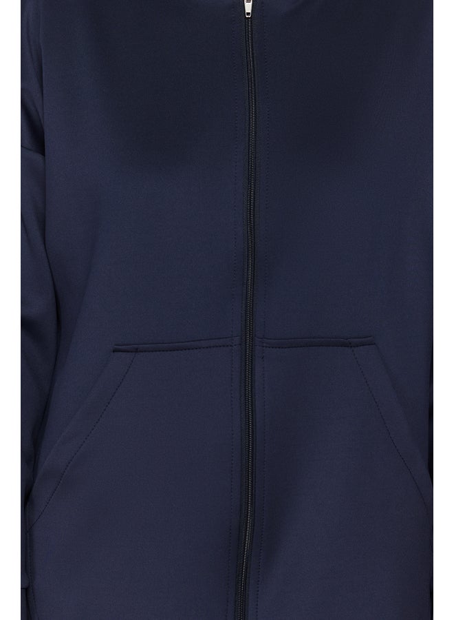 trendyol Navy Blue Hooded Zippered Pocket Diver/Scuba Knitted Tunic Cardigan TCTSS24TW00002 - Image 4