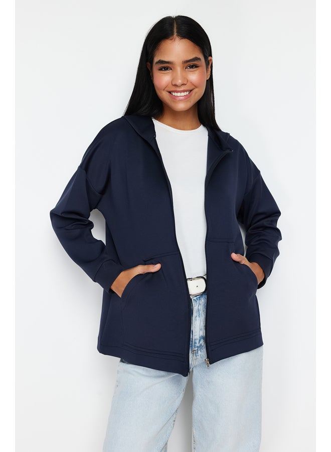 trendyol Navy Blue Hooded Zippered Pocket Diver/Scuba Knitted Tunic Cardigan TCTSS24TW00002 - Image 2