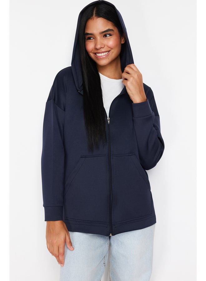 trendyol Navy Blue Hooded Zippered Pocket Diver/Scuba Knitted Tunic Cardigan TCTSS24TW00002 - Image 1