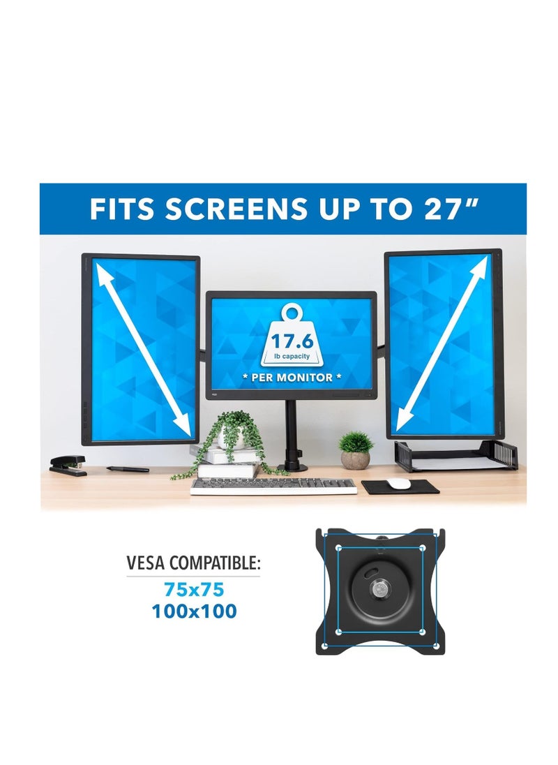 NEWSTAR 91-LDT07C036 TRIPLE MONITORS, an ergonomic working position. It is designed to use with 13''-27'' monitors. The weight capability is 8kg/17.6Ibs for each arm.