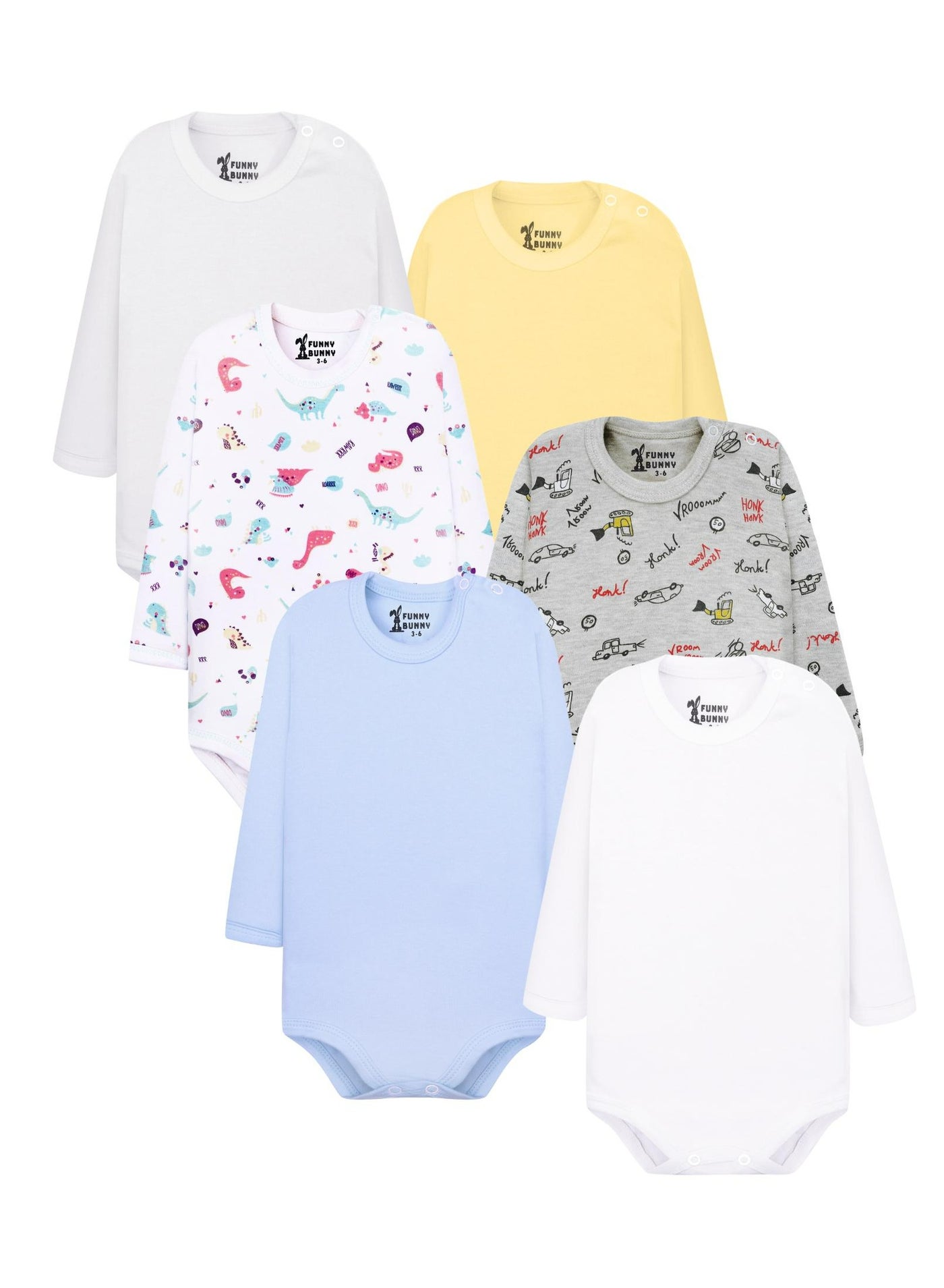 Funny Bunny Pack of 6 Cotton Long Sleeve Bodysuit for Baby