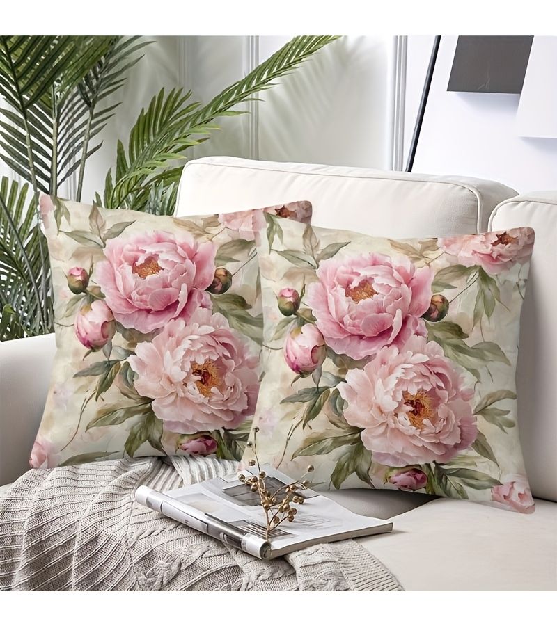 Pink Peony Decorative Pillowcases With Green Leaves 18x18 Inches Zipper Closure Machine Washable - Image 2