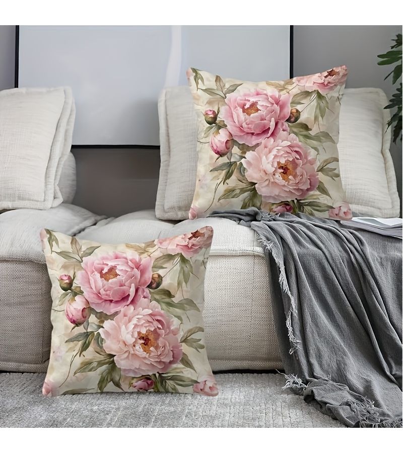 Pink Peony Decorative Pillowcases With Green Leaves 18x18 Inches Zipper Closure Machine Washable - Image 4