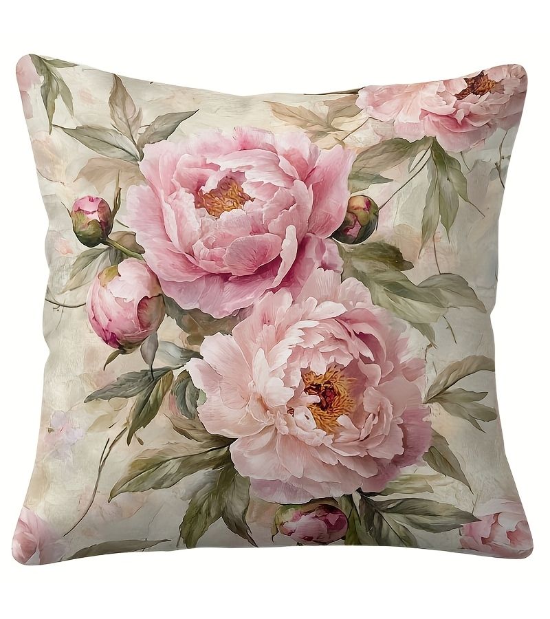 Pink Peony Decorative Pillowcases With Green Leaves 18x18 Inches Zipper Closure Machine Washable - Image 1