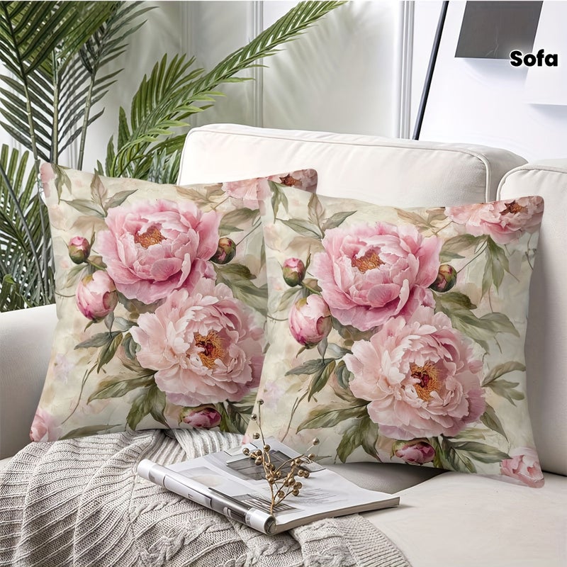 Pink Peony Decorative Pillowcases With Green Leaves 18x18 Inches Zipper Closure Machine Washable - Image 5