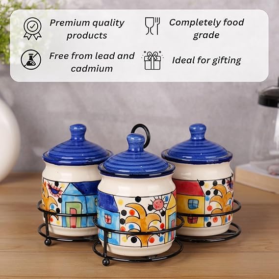 Niyara Handcrafted Ceramic Pickle Jar Set, Premium Metal Tray & Lids – Multipurpose Storage for Pickles, Chutneys, Spices & Condiments (home print Design) - Image 4