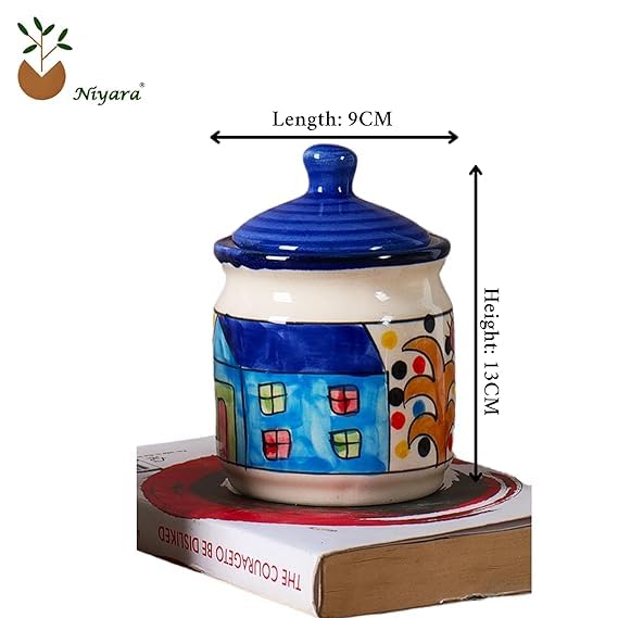 Niyara Handcrafted Ceramic Pickle Jar Set, Premium Metal Tray & Lids – Multipurpose Storage for Pickles, Chutneys, Spices & Condiments (home print Design) - Image 5