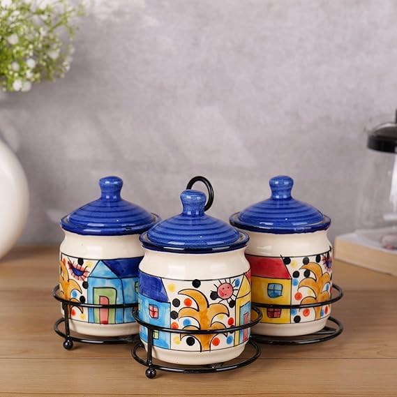 Niyara Handcrafted Ceramic Pickle Jar Set, Premium Metal Tray & Lids – Multipurpose Storage for Pickles, Chutneys, Spices & Condiments (home print Design) - Image 1